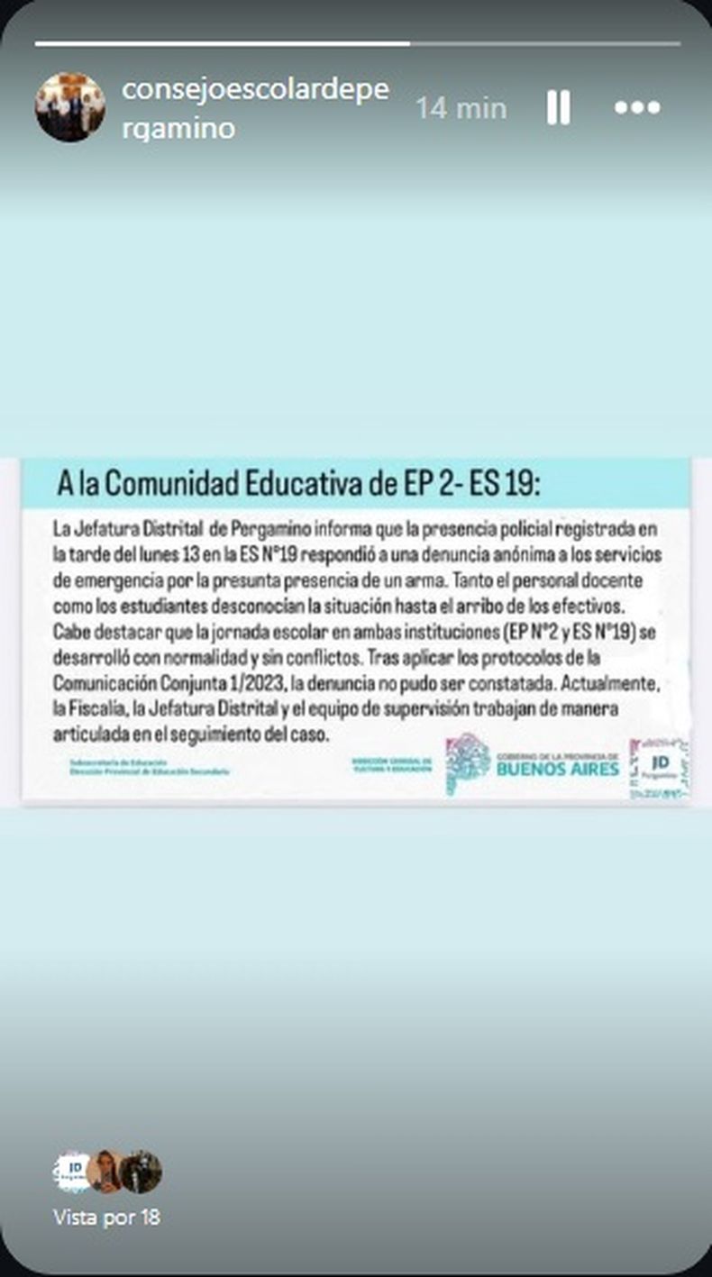 Publicación en Historias de redes sociales de Jefatura Distrital de Educación y el Consejo Escolar de Pergamino.