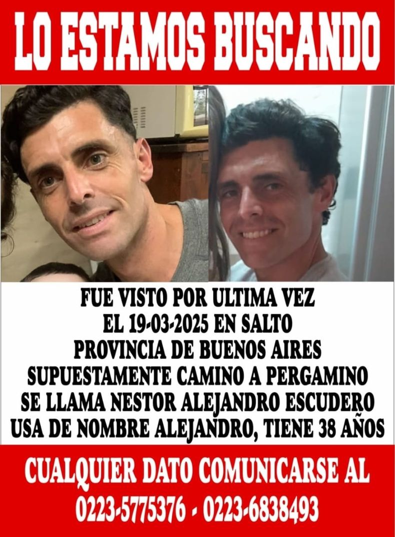 Alejandro Escudero es buscado por su familia que hizo un flyer para compartir su imagen en los medios de las ciudades que puede haber visitado para que los vecinos de las localidades puedan colaborar con información si lo han visto o conocen su paradero.