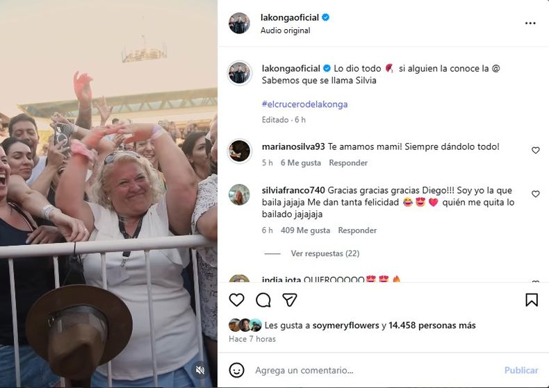 Captura de pantalla del video publicado por La Konga: Silvia Franco baila con entusiasmo y forma un corazón con sus manos dedicado al líder de la banda.