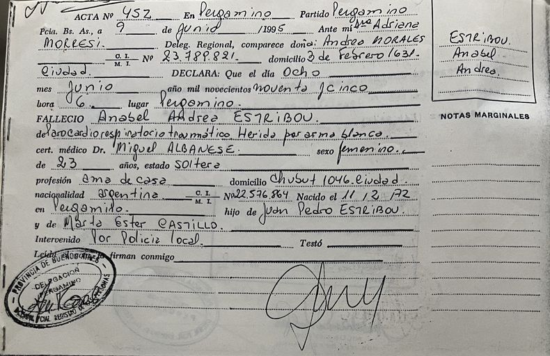 El certificado de Defunción de Anabel Estribou.