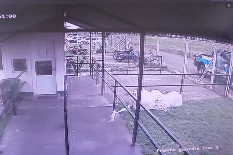 Los policías acudieron a la avícola a pedir la coima: uniformados y a bordo del patrullero de la DUOF Pergamino de la Federal.