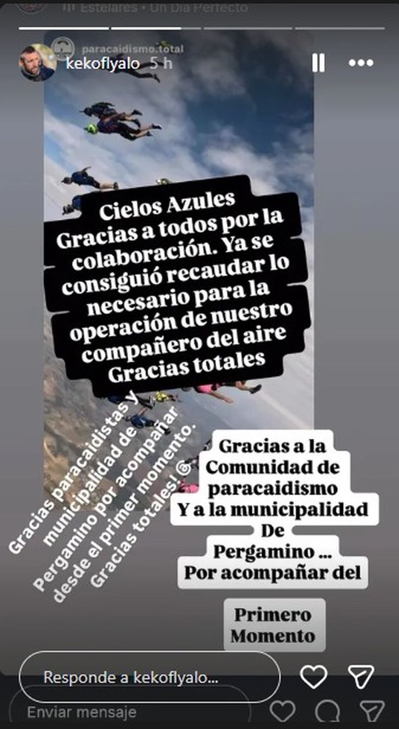 En otra publicación de su historia de Instagram da a conocer que lograron reunir el dinero necesario para la operación de la fractura de cadera del paracaidista Sergio