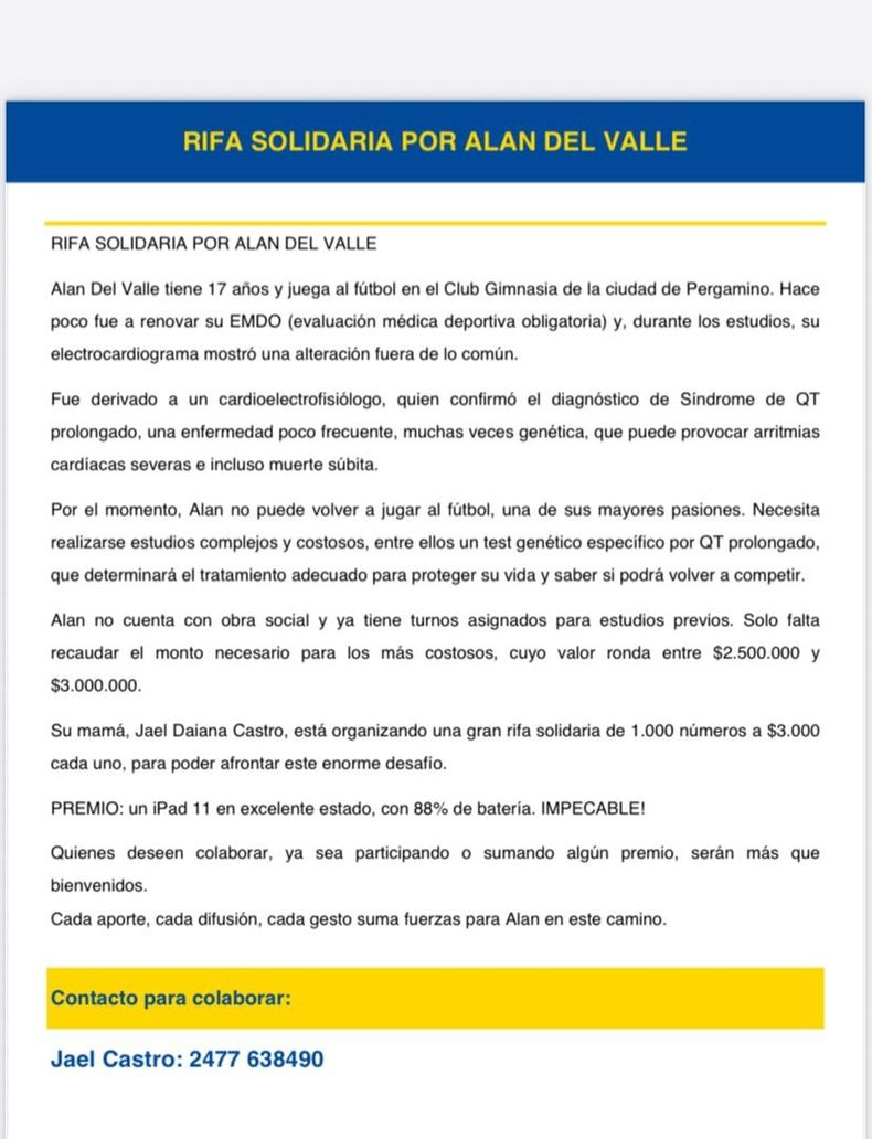 La rifa solidaria organizada por la mamá para llegar al monto necesario para que se realice el estudio necesario para el tratamiento cardiológico.