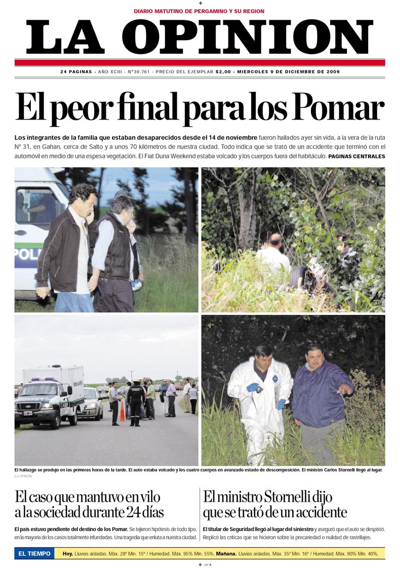 La portada del miércoles 9 de diciembre de 2009, tras el hallazgo de la familia que murió en el siniestro vial.